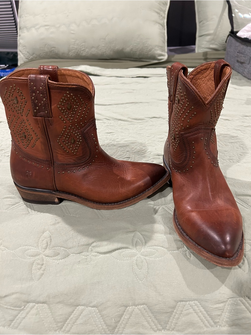 Men's Brown Leather Western Ankle Boots with Stud Detailing